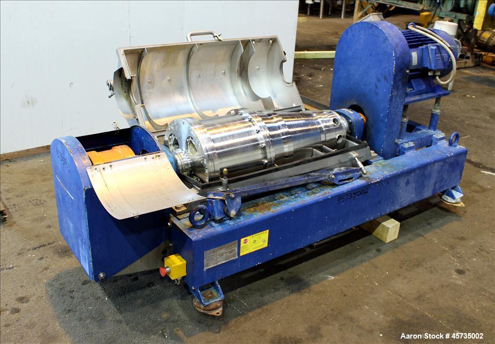 Used Alfa Laval NX-414B-31 Solid Bowl Decanter Centrifuge, 316 stainless steel (product contact areas). Max bowl speed 4000 rpm, single row of cake solids discharge ports, 2.75" single lead conveyor,...