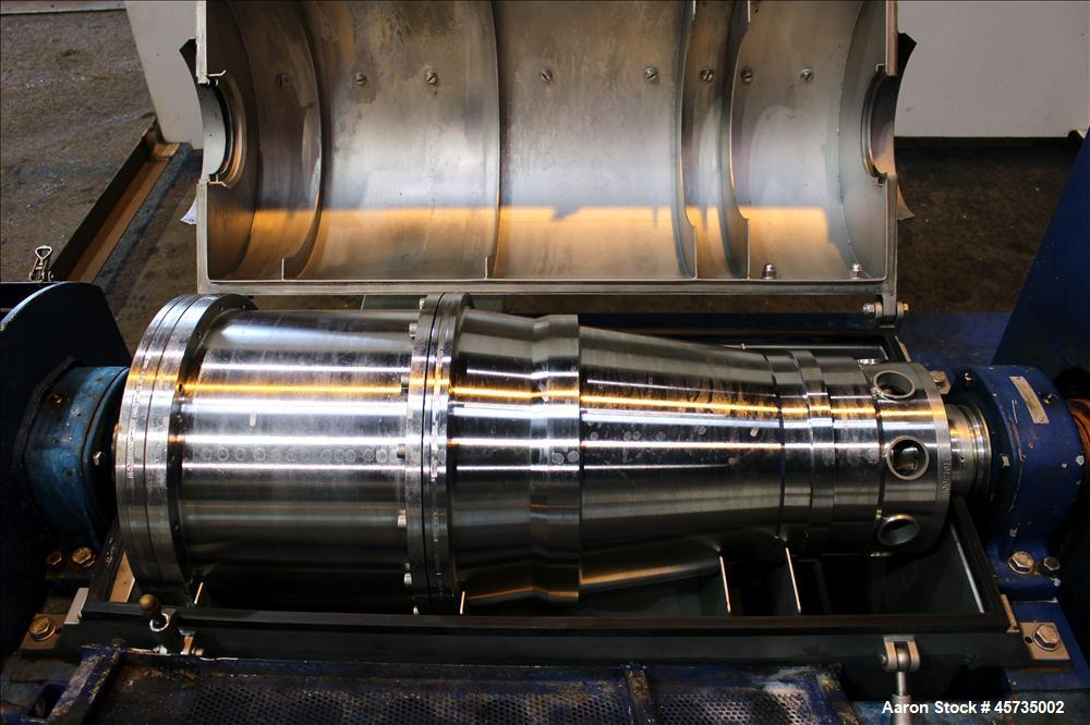 Used Alfa Laval NX-414B-31 Solid Bowl Decanter Centrifuge, 316 stainless steel (product contact areas). Max bowl speed 4000 rpm, single row of cake solids discharge ports, 2.75" single lead conveyor,...