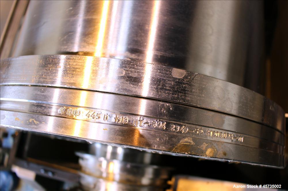 Used Alfa Laval NX-414B-31 Solid Bowl Decanter Centrifuge, 316 stainless steel (product contact areas). Max bowl speed 4000 rpm, single row of cake solids discharge ports, 2.75" single lead conveyor,...