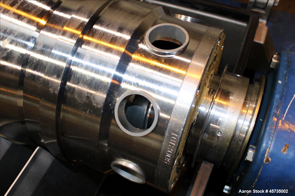 Used Alfa Laval NX-414B-31 Solid Bowl Decanter Centrifuge, 316 stainless steel (product contact areas). Max bowl speed 4000 rpm, single row of cake solids discharge ports, 2.75" single lead conveyor,...