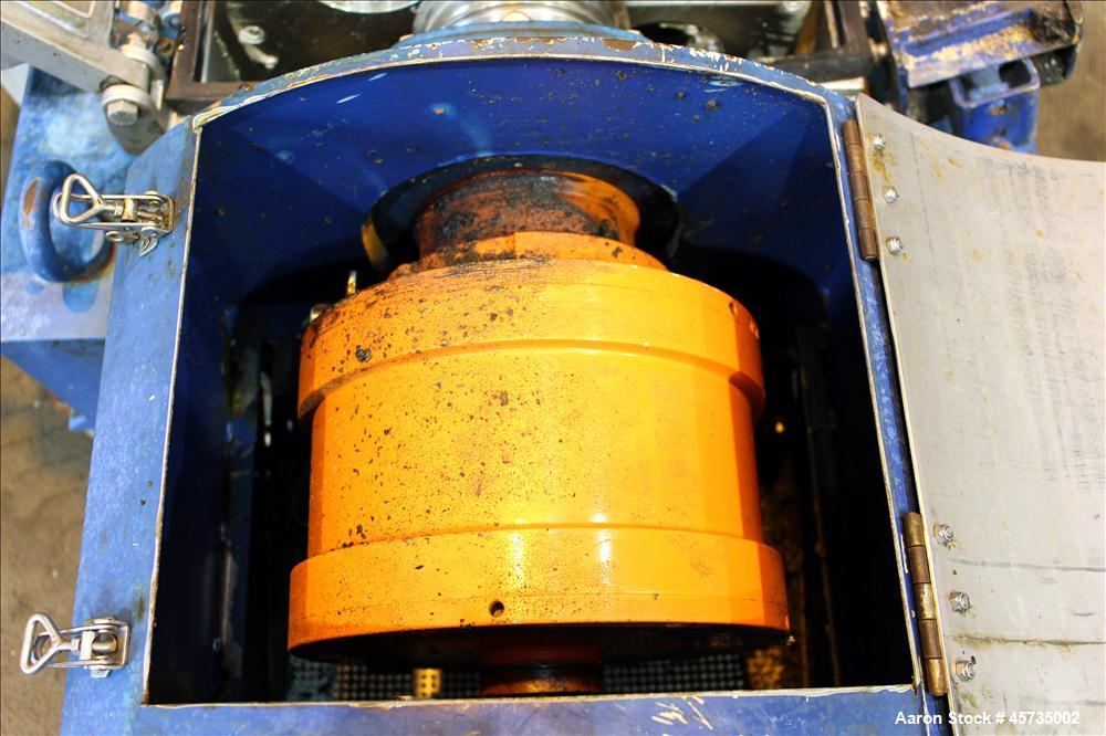 Used Alfa Laval NX-414B-31 Solid Bowl Decanter Centrifuge, 316 stainless steel (product contact areas). Max bowl speed 4000 rpm, single row of cake solids discharge ports, 2.75" single lead conveyor,...