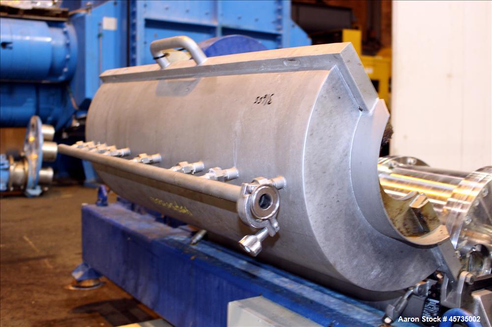 Used Alfa Laval NX-414B-31 Solid Bowl Decanter Centrifuge, 316 stainless steel (product contact areas). Max bowl speed 4000 rpm, single row of cake solids discharge ports, 2.75" single lead conveyor,...