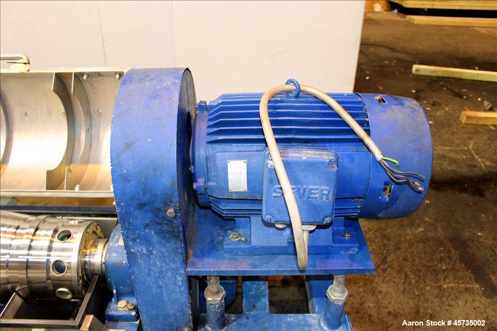Used Alfa Laval NX-414B-31 Solid Bowl Decanter Centrifuge, 316 stainless steel (product contact areas). Max bowl speed 4000 rpm, single row of cake solids discharge ports, 2.75" single lead conveyor,...