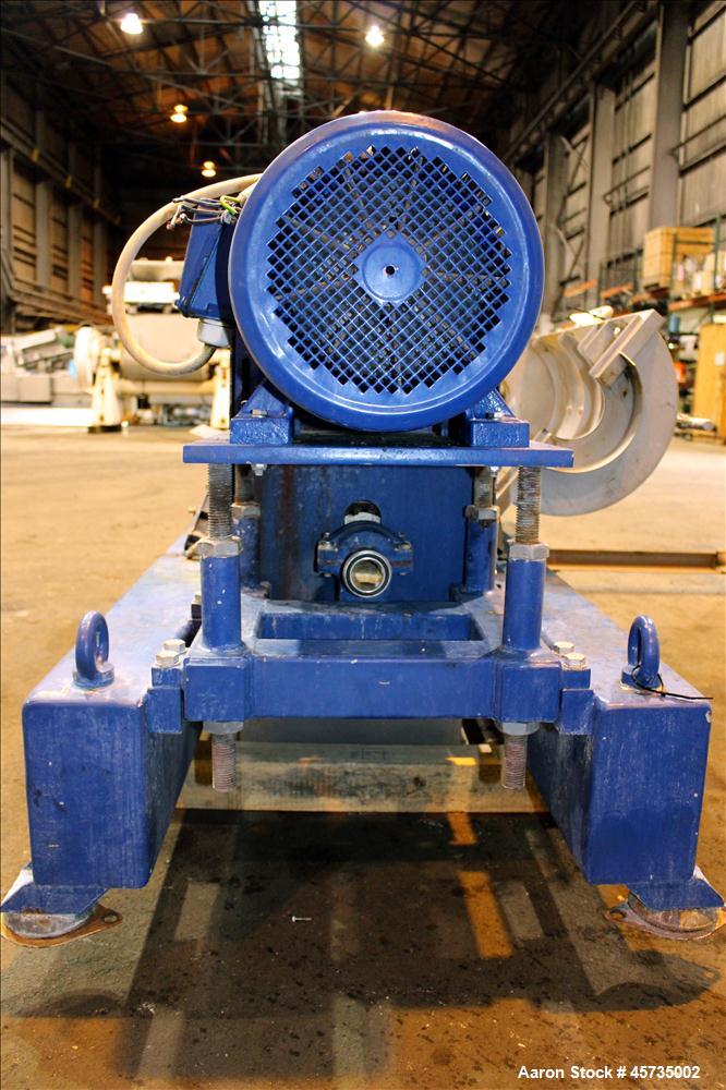 Used Alfa Laval NX-414B-31 Solid Bowl Decanter Centrifuge, 316 stainless steel (product contact areas). Max bowl speed 4000 rpm, single row of cake solids discharge ports, 2.75" single lead conveyor,...