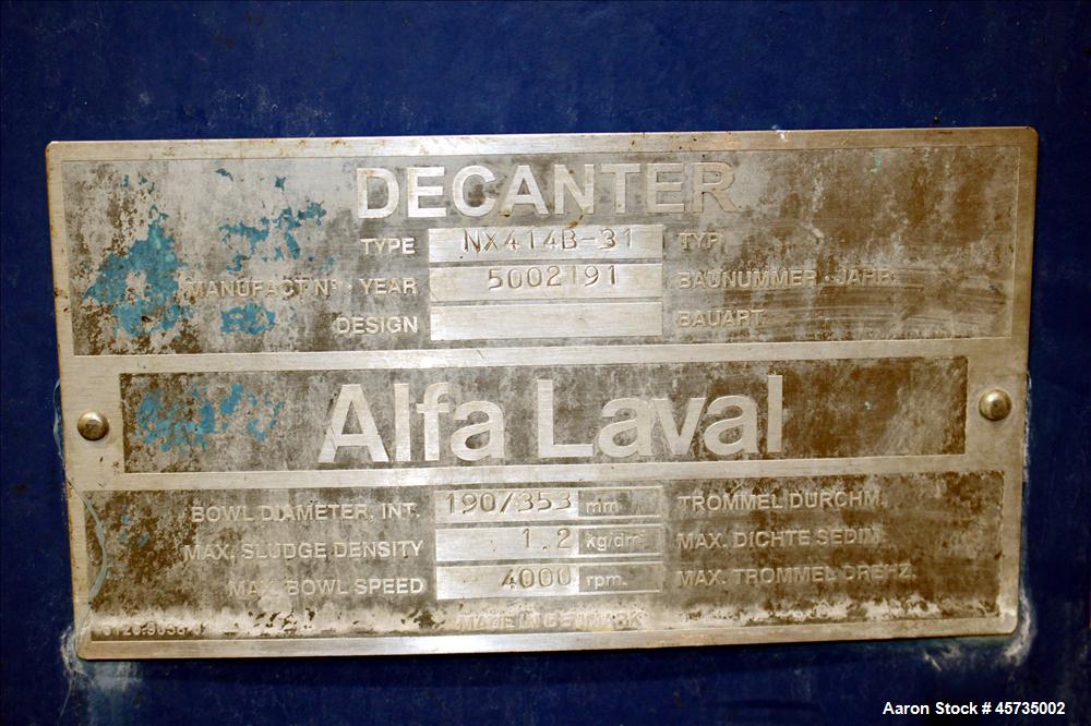 Used Alfa Laval NX-414B-31 Solid Bowl Decanter Centrifuge, 316 stainless steel (product contact areas). Max bowl speed 4000 rpm, single row of cake solids discharge ports, 2.75" single lead conveyor,...