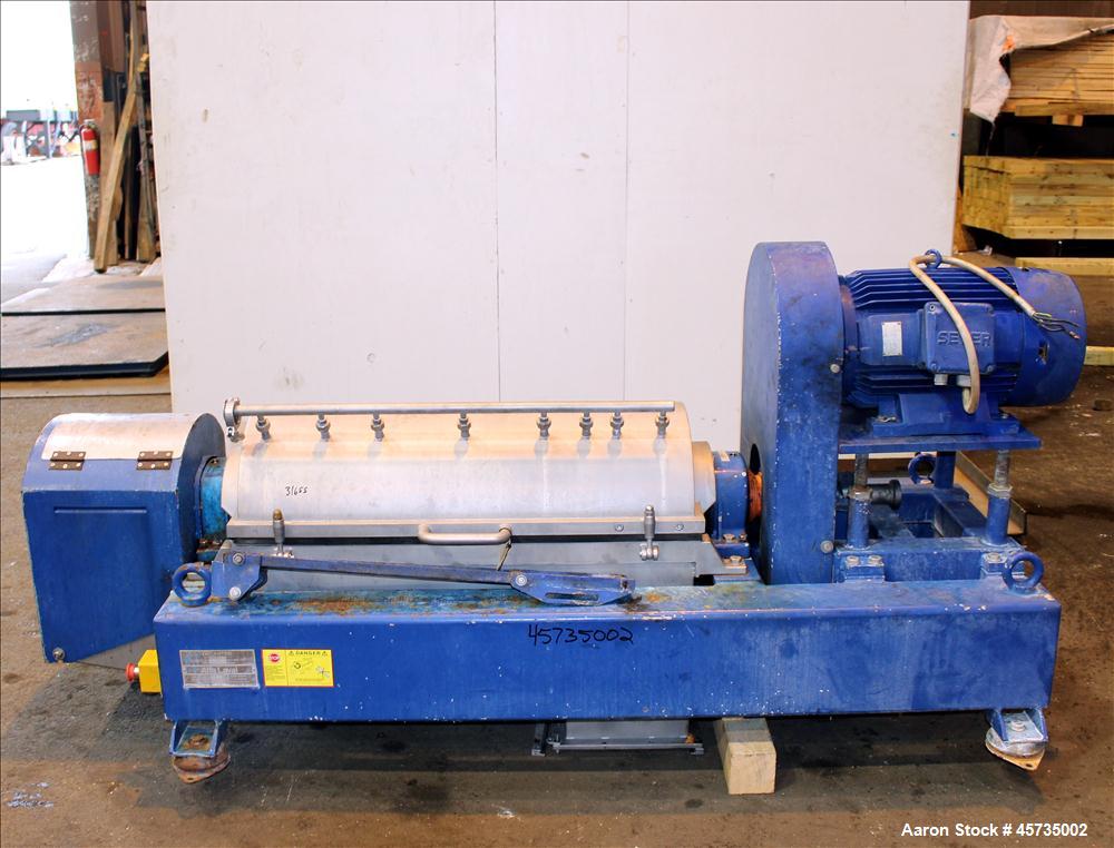 Used Alfa Laval NX-414B-31 Solid Bowl Decanter Centrifuge, 316 stainless steel (product contact areas). Max bowl speed 4000 rpm, single row of cake solids discharge ports, 2.75" single lead conveyor,...