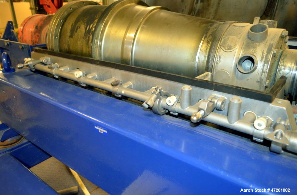 Used Alfa Laval NX 414 Decanter Centrifuge. 316 Stainless steel product contact areas. Maximum bowl speed 4000 rpm, approximate 110mm single lead conveyor, single row of lined cake discharge ports, 2...