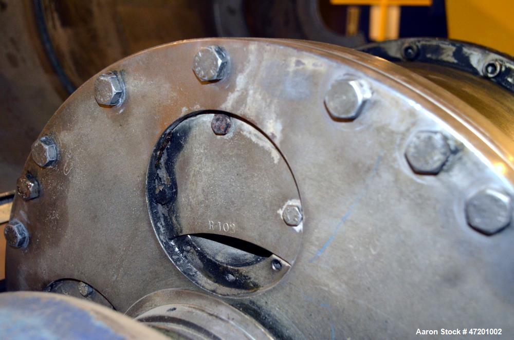 Used Alfa Laval NX 414 Decanter Centrifuge. 316 Stainless steel product contact areas. Maximum bowl speed 4000 rpm, approximate 110mm single lead conveyor, single row of lined cake discharge ports, 2...