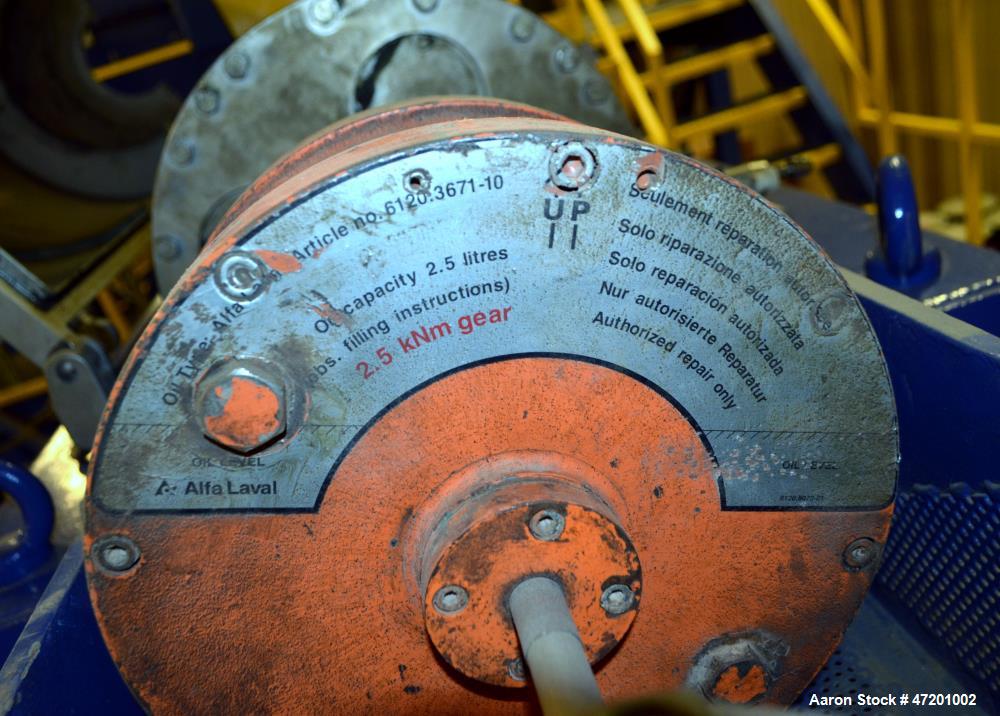 Used Alfa Laval NX 414 Decanter Centrifuge. 316 Stainless steel product contact areas. Maximum bowl speed 4000 rpm, approximate 110mm single lead conveyor, single row of lined cake discharge ports, 2...