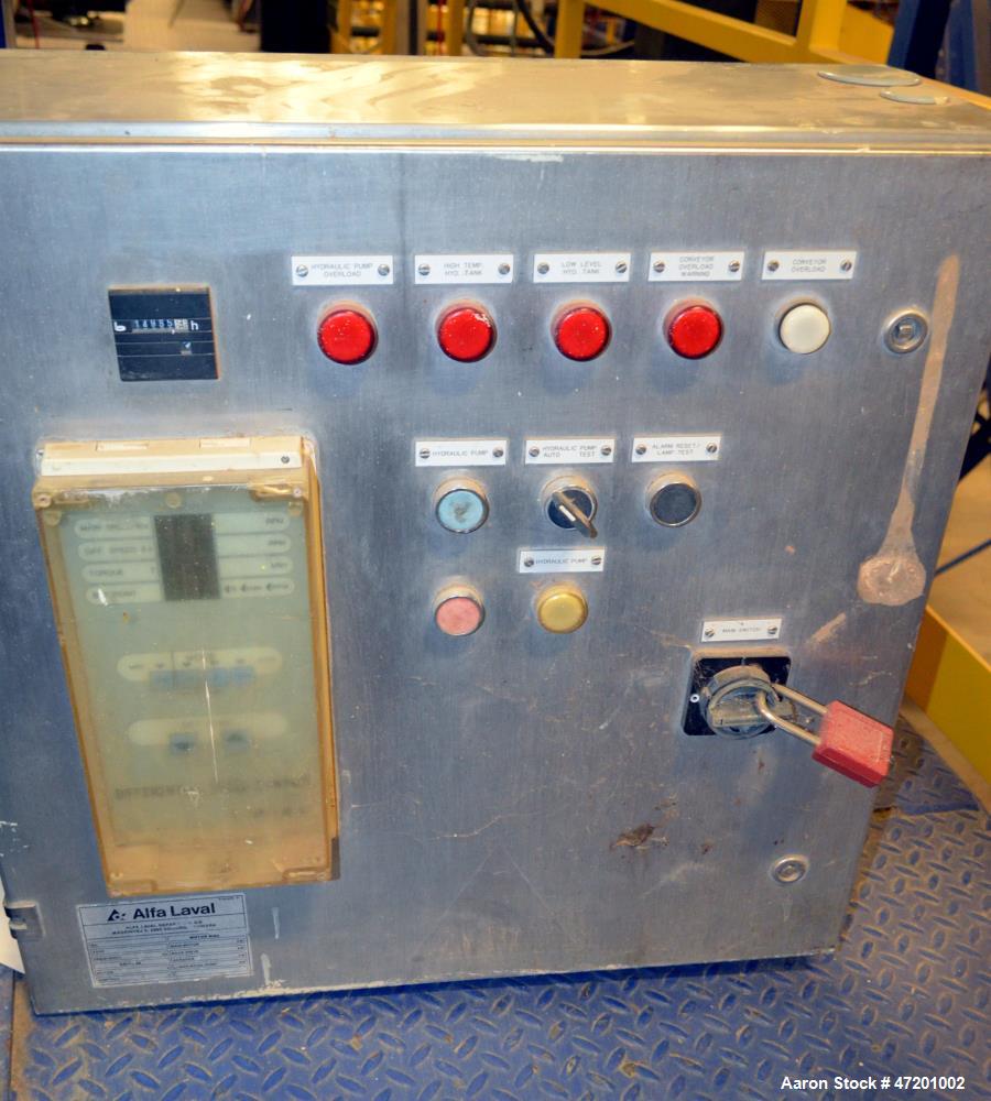 Used Alfa Laval NX 414 Decanter Centrifuge. 316 Stainless steel product contact areas. Maximum bowl speed 4000 rpm, approximate 110mm single lead conveyor, single row of lined cake discharge ports, 2...