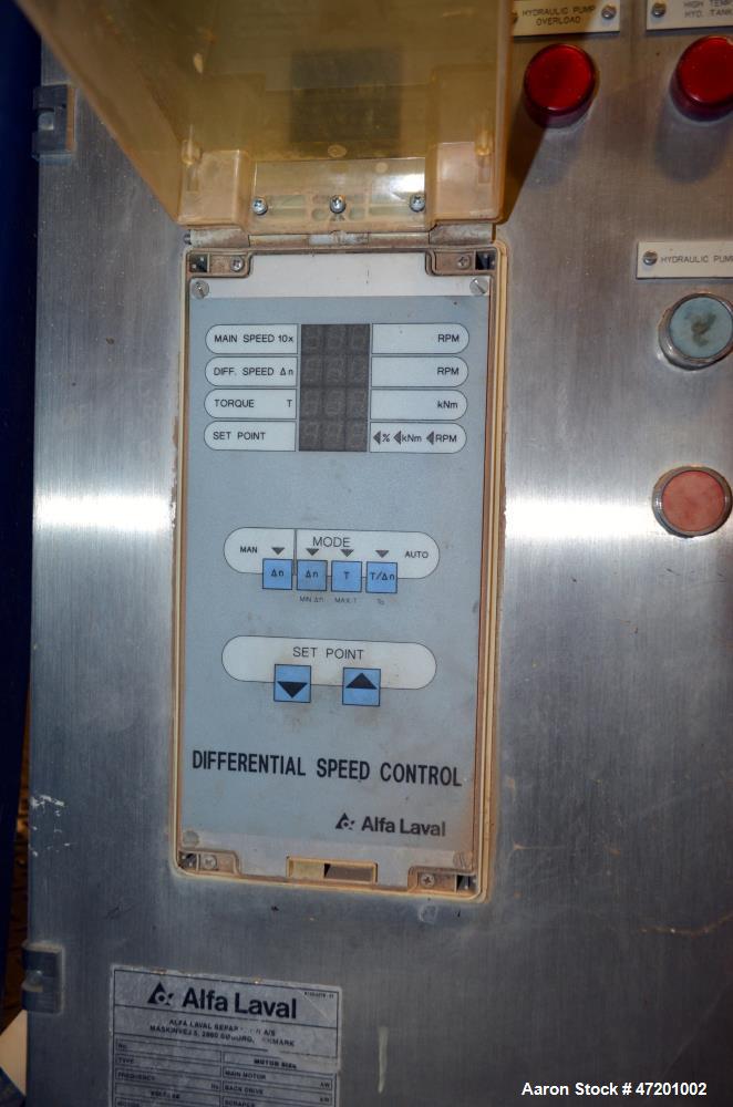 Used Alfa Laval NX 414 Decanter Centrifuge. 316 Stainless steel product contact areas. Maximum bowl speed 4000 rpm, approximate 110mm single lead conveyor, single row of lined cake discharge ports, 2...