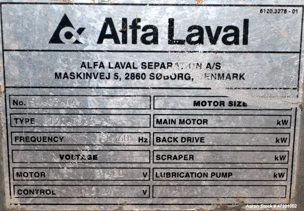 Used Alfa Laval NX 414 Decanter Centrifuge. 316 Stainless steel product contact areas. Maximum bowl speed 4000 rpm, approximate 110mm single lead conveyor, single row of lined cake discharge ports, 2...