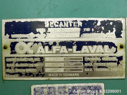 Used Alfa Laval NX-418S-31G (2 or 3 phase design) Solid Bowl Decanter Centrifuge. 316 Stainless steel construction on product contact areas, maximum bowl speed 4000 rpm, 70 mm single lead conveyor, s...