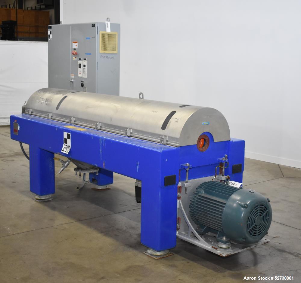 Used Alfa Laval P1-305 Solid Bowl Decanter Centrifuge. 304 Stainless Steel contract areas. Maximum solids density 1.3 kg/dm3. Maximum bowl speed 4200 rpm. Feed temperature 32 to 212 degrees F. Approx...