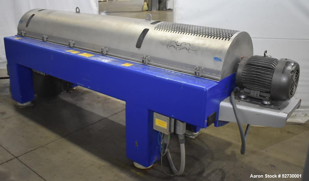 Used Alfa Laval P1-305 Solid Bowl Decanter Centrifuge. 304 Stainless Steel contract areas. Maximum solids density 1.3 kg/dm3. Maximum bowl speed 4200 rpm. Feed temperature 32 to 212 degrees F. Approx...