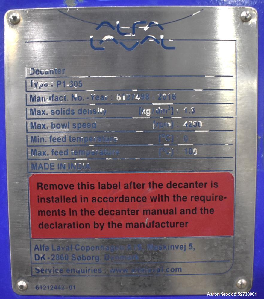 Used Alfa Laval P1-305 Solid Bowl Decanter Centrifuge. 304 Stainless Steel contract areas. Maximum solids density 1.3 kg/dm3. Maximum bowl speed 4200 rpm. Feed temperature 32 to 212 degrees F. Approx...