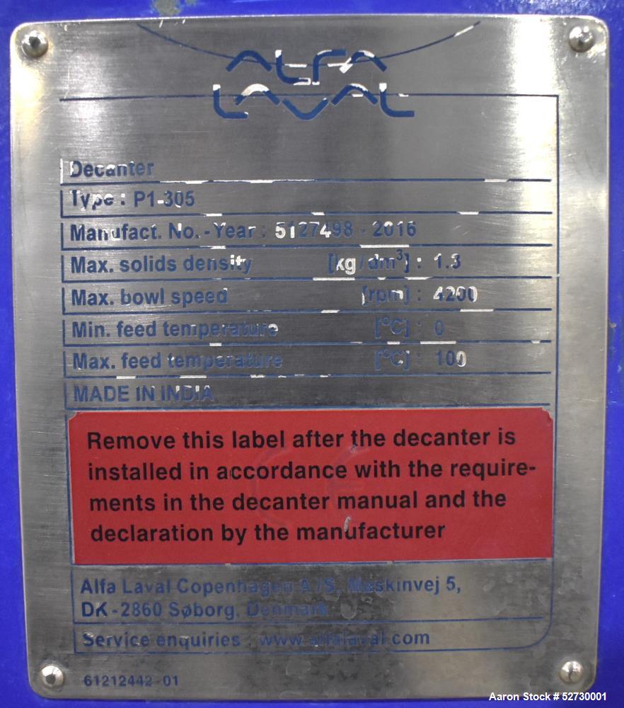 Used- Alfa Laval P1-305 Solid Bowl Decanter Centrifuge. 304 Stainless Steel contract areas. Maximum solids density 1.3 kg/dm...