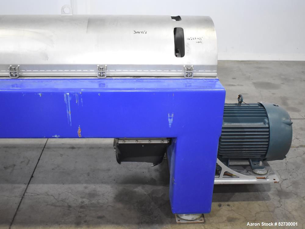 Used Alfa Laval P1-305 Solid Bowl Decanter Centrifuge. 304 Stainless Steel contract areas. Maximum solids density 1.3 kg/dm3. Maximum bowl speed 4200 rpm. Feed temperature 32 to 212 degrees F. Approx...