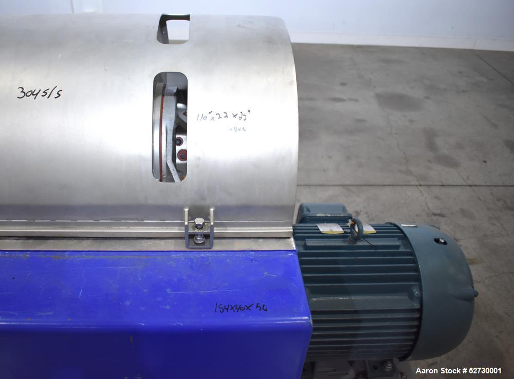 Used Alfa Laval P1-305 Solid Bowl Decanter Centrifuge. 304 Stainless Steel contract areas. Maximum solids density 1.3 kg/dm3. Maximum bowl speed 4200 rpm. Feed temperature 32 to 212 degrees F. Approx...
