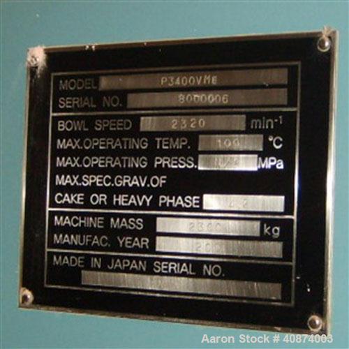 Used Alfa Laval Sharples P-3400 Super-D-Canter Centrifuge, Model P-3400 VME. Steel base, control panel, 500 gallon holding tank with two pumps. Mfg 2001.