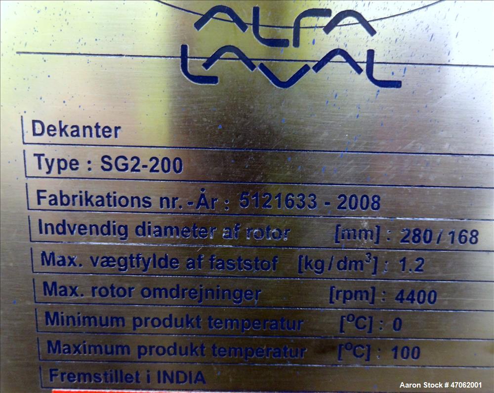 Unused- Alfa Laval SG 2-200 Solid Bowl Decanter Centrifuge