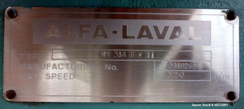 Used Alfa Laval NX-314 B-11 Solid Bowl Decanter Centrifuge. 316 Stainless steel product contact areas. Maximum bowl speed 3250 rpm, 70mm double lead conveyor, single row cake lined discharge ports, g...