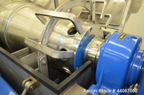 Used Alfa Laval UVNX-418 Solid Bowl Decanter Centrifuge. 316 Stainless steel (product contact areas). Approximate 70mm single lead conveyor, 2 or 3 phase machine, maximum bowl speed 3250 rpm, regulat...