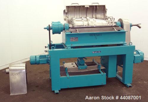 Used Alfa Laval UVNX-314B-11G Solid Bowl Decanter Centrifuge. 316 Stainless steel (product contact areas). approximate 70mm double lead conveyor, maximum bowl speed 3250 rpm, base, single row of line...