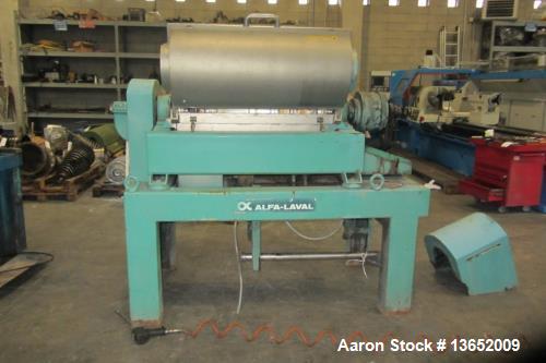Used Alfa Laval UVNX-414B-31G Solid Bowl Decanter Centrifuge. 3 way, 316 stainless steel (product contact areas). Maximum bowl speed 3250 rpm, single lead conveyor, single row of line cake discharge ...