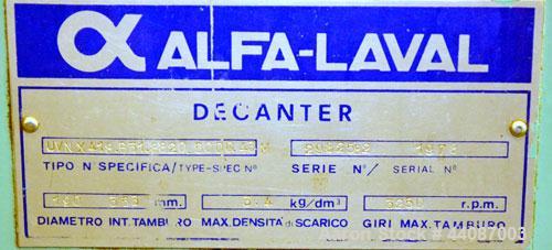 Used Alfa Laval UVNX-418 (2 or 3 phase) Solid Bowl Decanter Centrifuge. 316 Stainless steel (product contact areas). single lead conveyor, single row of lined cake discharge ports,  cake discharge ca...