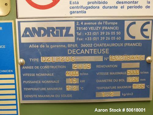Used Andritz D2LP20C Solid Bowl Decanter Centrifuge