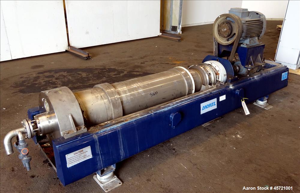 Used Andritz D3LL-C30CHP Solid Bowl Decanter Centrifuge, 316 Stainless Steel (product contact areas). Maximum bowl speed 4000 rpm, 10 degrees beach contour, 6" Single lead conveyor with single row li...