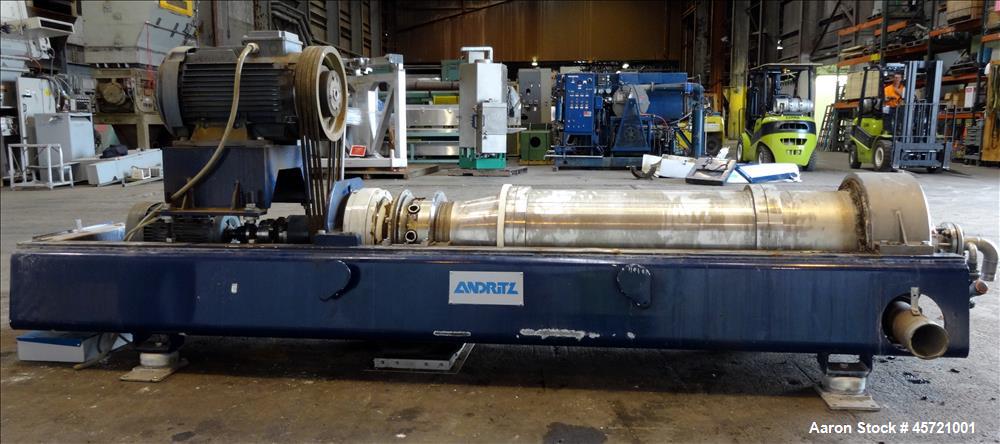 Used Andritz D3LL-C30CHP Solid Bowl Decanter Centrifuge, 316 Stainless Steel (product contact areas). Maximum bowl speed 4000 rpm, 10 degrees beach contour, 6" Single lead conveyor with single row li...