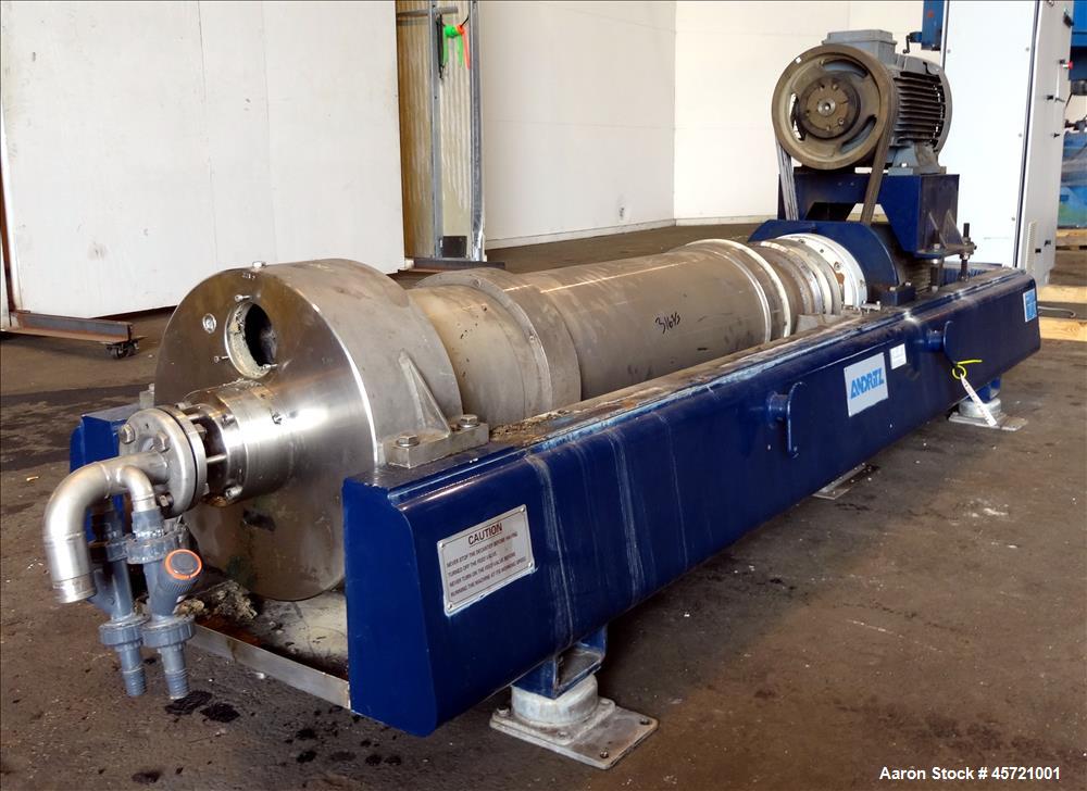 Used Andritz D3LL-C30CHP Solid Bowl Decanter Centrifuge, 316 Stainless Steel (product contact areas). Maximum bowl speed 4000 rpm, 10 degrees beach contour, 6" Single lead conveyor with single row li...