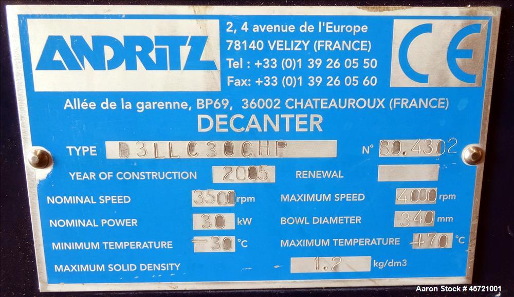 Used Andritz D3LL-C30CHP Solid Bowl Decanter Centrifuge, 316 Stainless Steel (product contact areas). Maximum bowl speed 4000 rpm, 10 degrees beach contour, 6" Single lead conveyor with single row li...