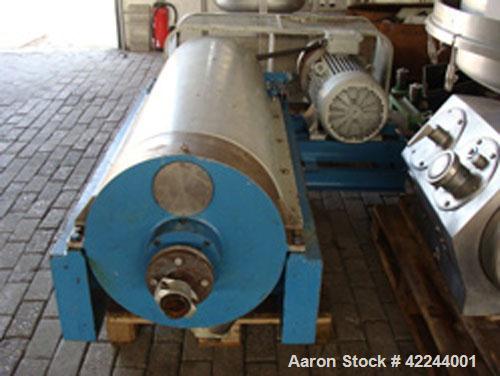 Used Andritz-Guinard D4FCX Solid Bowl Decanter Centrifuge. Material of construction is stainless steel on product contact parts. Max bowl speed 3500 rpm by a 33 hp/22 kW-380 volt/50 cycle/3 ph motor....