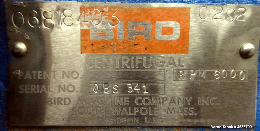 Used Bird Solid Bowl Decanter Centrifuge, Model 0100