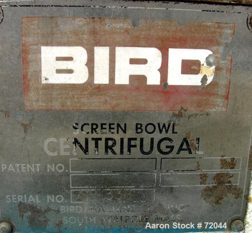 Used Bird 12 x 30 Screen Bowl Decanter Centrifuge. 316 Stainless Steel. Max bowl speed 4000 RPM, left hand design, 15 degree beach, hogged out cake ports with wear liners and epicentric plate dams, 4...