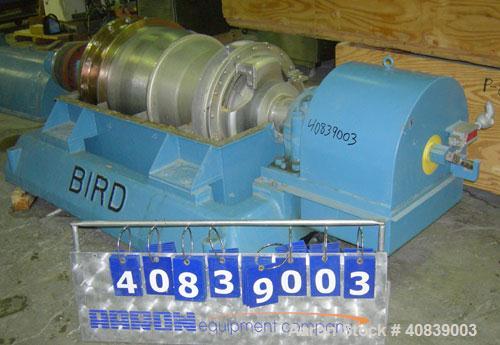 Used Bird 24" x 38" Solid Bowl Decanter Centrifuge. 316 Stainless steel construction (product contact areas). Maximum bowl speed 1800 rpm, 3" single lead conveyor with weld hardfacing wear protection...