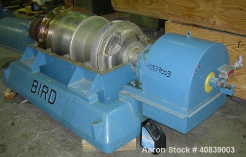Used Bird 24" x 38" Solid Bowl Decanter Centrifuge. 316 Stainless steel construction (product contact areas). Maximum bowl speed 1800 rpm, 3" single lead conveyor with weld hardfacing wear protection...
