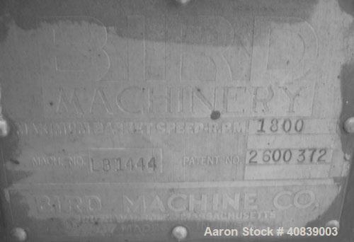 Used Bird 24" x 38" Solid Bowl Decanter Centrifuge. 316 Stainless steel construction (product contact areas). Maximum bowl speed 1800 rpm, 3" single lead conveyor with weld hardfacing wear protection...