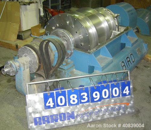 Used Bird 24" x 38" Solid Bowl Decanter Centrifuge. 316 stainless steel construction (product contact areas). Max bowl speed 1800 rpm, 3" single lead conveyor with weld hardfacing wear protection, en...