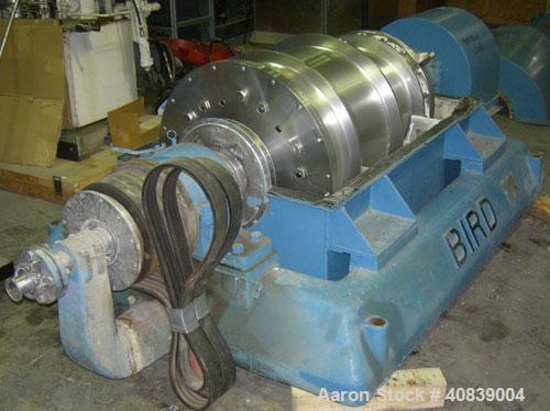 Used Bird 24" x 38" Solid Bowl Decanter Centrifuge. 316 stainless steel construction (product contact areas). Max bowl speed 1800 rpm, 3" single lead conveyor with weld hardfacing wear protection, en...