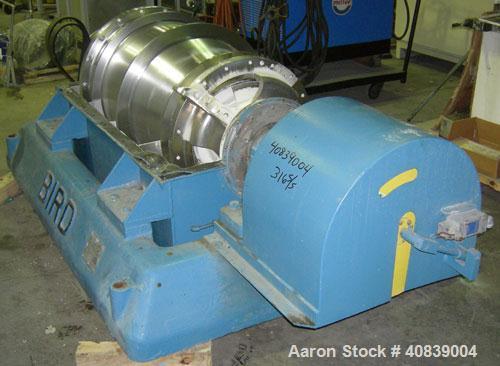 Used Bird 24" x 38" Solid Bowl Decanter Centrifuge. 316 stainless steel construction (product contact areas). Max bowl speed 1800 rpm, 3" single lead conveyor with weld hardfacing wear protection, en...