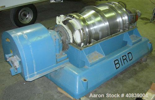 Used Bird 24" x 38" Solid Bowl Decanter Centrifuge. 316 stainless steel construction (product contact areas). Max bowl speed 1800 rpm, 3" single lead conveyor with weld hardfacing wear protection, en...