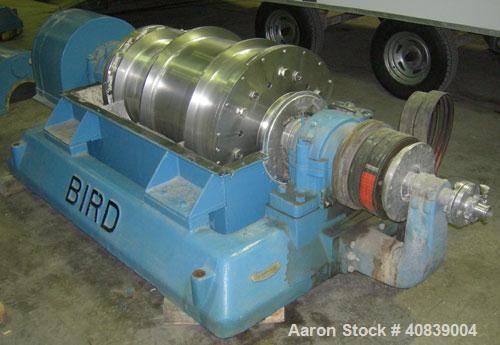 Used Bird 24" x 38" Solid Bowl Decanter Centrifuge. 316 stainless steel construction (product contact areas). Max bowl speed 1800 rpm, 3" single lead conveyor with weld hardfacing wear protection, en...