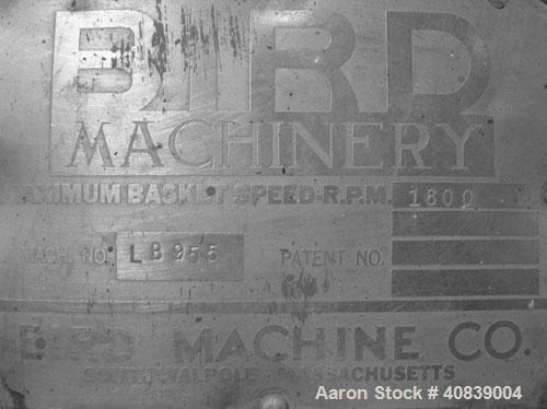 Used Bird 24" x 38" Solid Bowl Decanter Centrifuge. 316 stainless steel construction (product contact areas). Max bowl speed 1800 rpm, 3" single lead conveyor with weld hardfacing wear protection, en...