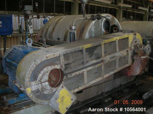 Used Bird/Broadbent 40" x 60" solid bowl decanter centrifuge. Stainless steel construction, hardfaced conveyor, stainless steel casing, base, gearbox, lube system, main drive motor.