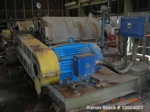Used Bird/Broadbent 40" x 60" solid bowl decanter centrifuge. Stainless steel construction, hardfaced conveyor, stainless steel casing, base, gearbox, lube system, main drive motor.