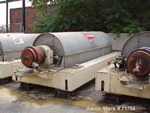 Used Bird Model 5100 Solid Bowl Decanter Centrifuge. 30" Diameter x 120" long rotating assembly, stainless steel construction (productcontact areas), maximum bowl speed 2450 rpm, 2557 x "G" force, 8"...